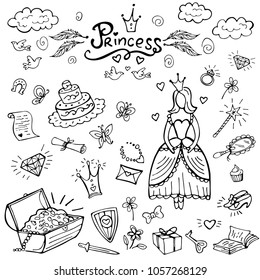 Set of doodle princess and fantasy icon and design element isolated on white. Vector illustration. Perfect for invitation, greeting card, coloring book, textile print.