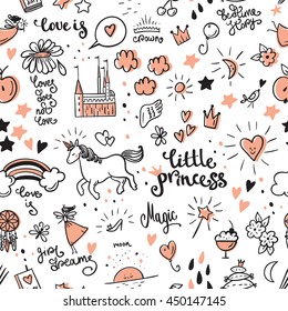 Set of doodle princess and fantasy icon and and design element for invitation and greeting card.  Seamless pattern