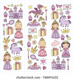 Set of doodle princess and fantasy icon and and design element for invitation and greeting card. Kids drawing. Kindergarten, preschool, school pattern
