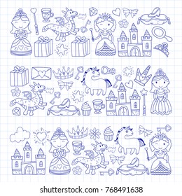 Set of doodle princess and fantasy icon and and design element for invitation and greeting card. Kids drawing. Kindergarten, preschool, school pattern