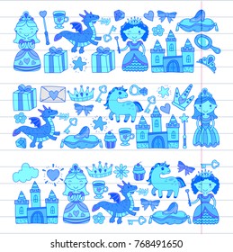 Set of doodle princess and fantasy icon and and design element for invitation and greeting card. Kids drawing. Kindergarten, preschool, school pattern