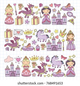 Set of doodle princess and fantasy icon and and design element for invitation and greeting card. Kids drawing. Kindergarten, preschool, school pattern