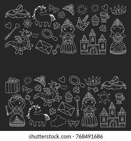 Set of doodle princess and fantasy icon and and design element for invitation and greeting card. Kids drawing. Kindergarten, preschool, school pattern