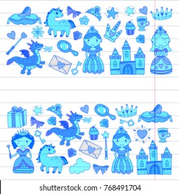 Set of doodle princess and fantasy icon and and design element for invitation and greeting card. Kids drawing. Kindergarten, preschool, school pattern