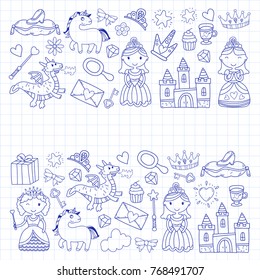 Set of doodle princess and fantasy icon and and design element for invitation and greeting card. Kids drawing. Kindergarten, preschool, school pattern