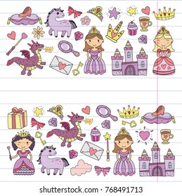 Set of doodle princess and fantasy icon and and design element for invitation and greeting card. Kids drawing. Kindergarten, preschool, school pattern