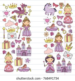 Set of doodle princess and fantasy icon and and design element for invitation and greeting card. Kids drawing. Kindergarten, preschool, school pattern