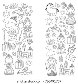 Set of doodle princess and fantasy icon and and design element for invitation and greeting card. Kids drawing. Kindergarten, preschool, school pattern