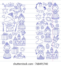 Set of doodle princess and fantasy icon and and design element for invitation and greeting card. Kids drawing. Kindergarten, preschool, school pattern