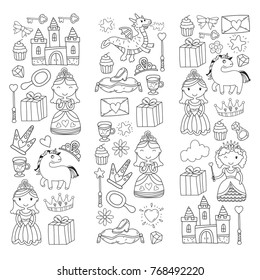 Set of doodle princess and fantasy icon and and design element for invitation and greeting card. Kids drawing. Kindergarten, preschool, school pattern