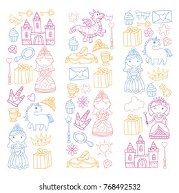 Set of doodle princess and fantasy icon and and design element for invitation and greeting card. Kids drawing. Kindergarten, preschool, school pattern