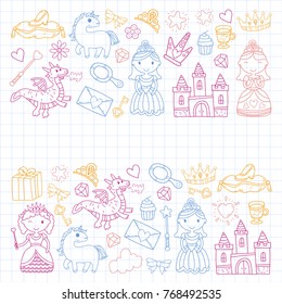 Set of doodle princess and fantasy icon and and design element for invitation and greeting card. Kids drawing. Kindergarten, preschool, school pattern