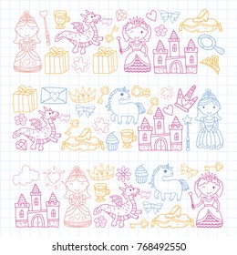 Set of doodle princess and fantasy icon and and design element for invitation and greeting card. Kids drawing. Kindergarten, preschool, school pattern