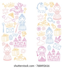 Set of doodle princess and fantasy icon and and design element for invitation and greeting card. Kids drawing. Kindergarten, preschool, school pattern