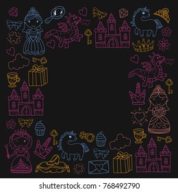 Set of doodle princess and fantasy icon and and design element for invitation and greeting card. Kids drawing. Kindergarten, preschool, school pattern