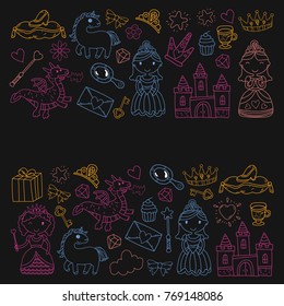 Set of doodle princess and fantasy icon and and design element for invitation and greeting card. Kids drawing. Kindergarten, preschool, school pattern