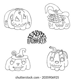 A set of Doodle pumpkins. Pumpkins for Halloween. A linear pattern. Coloring pages for children and adults.