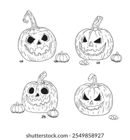 Conjunto de calabazas Doodle. Ilustración vectorial dibujada a mano