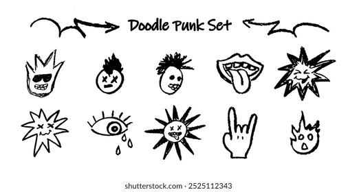 Conjunto de cabeça de doodle punk, gesto de cabra, nuvem. Retro rock estilo grafitti cera lápis desenhado para fora língua de pau, chorar olho com lágrimas. Coleção de vetor preto charcoal outline face handdraw humor emoções