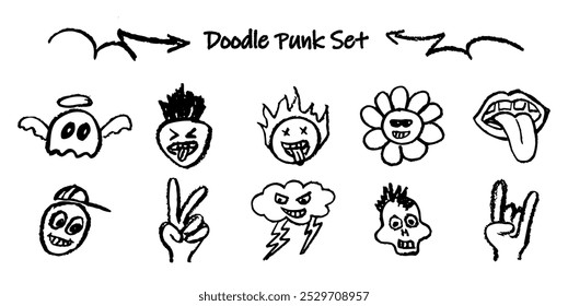 Set of doodle punk head, goat gesture, cloud. Collection of vector black charcoal outline faces handdrawn humor emotions. Retro grafitti style wax pencil drawn stick out tongue, ghost with halo