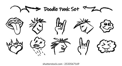 Conjunto de cabeça de doodle punk, gesto de cabra, nuvem. Retro estilo de cera caneta desenhada para fora língua, mohawk penteado groovy coração de fogo. Coleção de contorno de carvão preto vetor enfrenta emoções de humor desenhadas à mão