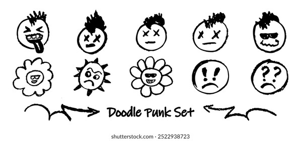 Conjunto de cabeças punk doodle. Coleção de contorno preto enfrenta emoções de humor desenhadas à mão. Estilo retro ficar fora língua, mohawk penteado, flor groovy com óculos escuros. Ilustração vetorial.