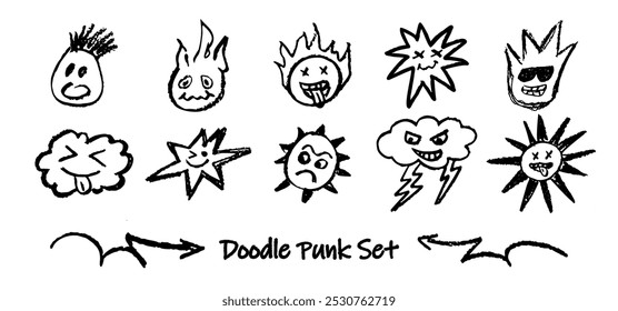 Set of doodle punk heads. Retro style wax pen drawn stick out tongue, mohawk hairstyle groovy fire head with dark sunglasses. Collection of vector black charcoal outline faces handdrawn humor emotions