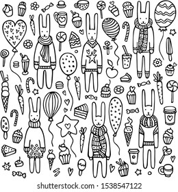 A set of doodle rabbits with knitted scarves and warm winter sweaters surrounded by balloons, cakes, candies, and other sweet things. Cute hand drawn vector illustration. 