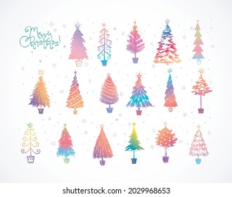 Set of doodle rainbow christmas trees on white background.