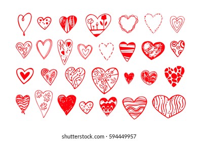Set of doodle red hearts