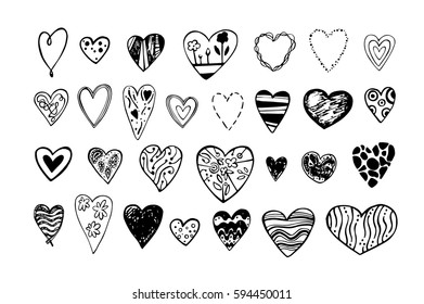 Set of doodle red hearts