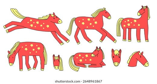 Conjunto de cavalos vermelhos de doodle, ilustrações de cavalo desenhadas à mão, Ano do zodíaco chinês do cavalo, personagens de pônei bonitos, animais de esboço preto e branco para impressão, adesivo, livro de coloração, Ano Novo 2026