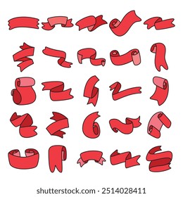 set of doodle red ribbon banner illustration