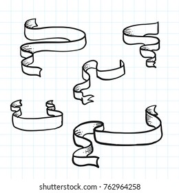 Set of doodle ribbon banners and Hand drawn design element. Vector Illustration