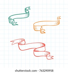 Set of doodle ribbon banners and Hand drawn design element. Vector Illustration