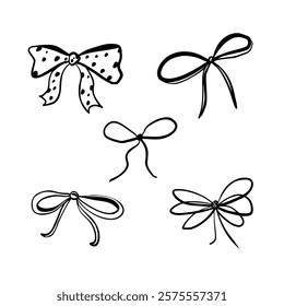Set of doodle ribbon and rope with bow for gift. Hand drawn Vector illustration in monochrome. Outline Tie for Present black and white