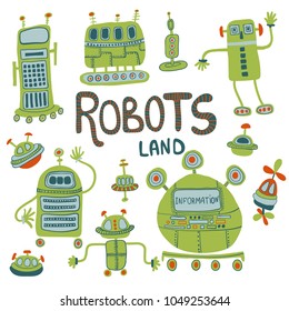 set of doodle robot icons, illustrator line tools drawing, perfect for children products