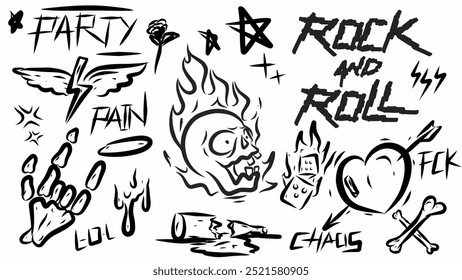 Set of doodle Rock and roll theme skull finger, love, fire, bone, vector black and white illustration	