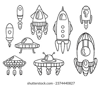 Set of doodle rockets, transport in space. Coloring book for children. Vector graphics, human cars and aliens