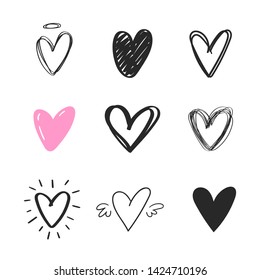 
Set of doodle rough hearts. Hand drawn vector illustration of black grunge elements on white background. Sketch of markers and highlights for design use, postcards, web, wallpapers, wrapping paper 