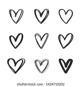 
Set of doodle rough hearts. Hand drawn vector illustration of black grunge elements on white background. Sketch of markers and highlights for design use, postcards, web, wallpapers, wrapping paper 
