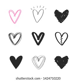 
Set of doodle rough hearts. Hand drawn vector illustration of black grunge elements on white background. Sketch of markers and highlights for design use, postcards, web, wallpapers, wrapping paper 