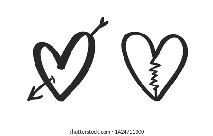 Set of doodle rough hearts. Hand drawn vector illustration of black grunge elements on white background. Sketch of markers and highlights for design use, postcards, web, wallpapers, wrapping paper 