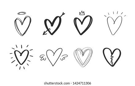 Set of doodle rough hearts. Hand drawn vector illustration of black grunge elements on white background. Sketch of markers and highlights for design use, postcards, web, wallpapers, wrapping paper 