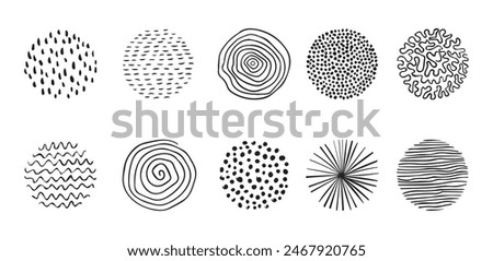 Set of doodle round patterns. Abstract shapes and design elements. Trendy pattern for poster, social media and other designs. Vector illustration.