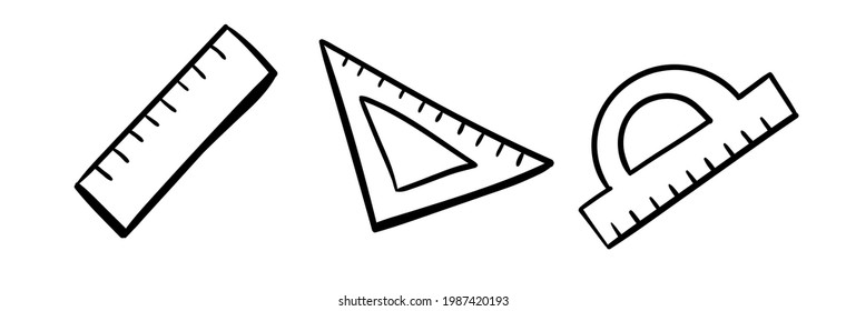 Set of doodle ruler, triangular ruler and protractor. Black and white vector illustration. Hand-drawn icons.