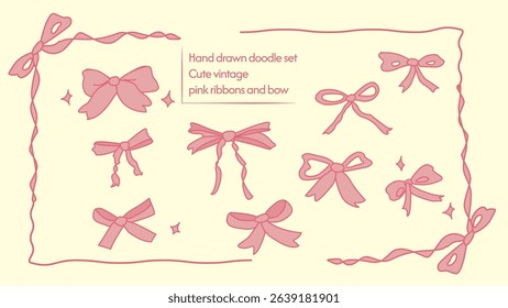 Set doodle scallop hand drawn pink ribbons and bow.. Minimalist simple cute line art. Trendy retro vintage whimsical borders for wedding invitations, birthday card, prints. Vector illustration.	