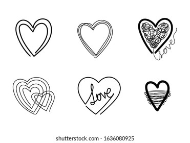 Set of doodle  scribble hearts isolated on white background