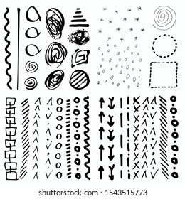 Set doodle scribble lines hand drawn paint brush stroke. Vector set isolated on white. Collection of distressed, doodle. Hand drawn scribble. Black border, ink and grunge brush stroke lines.