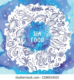 Set of doodle seafood on blue watercolor background. Vector illustration. Perfect for dessert menu or food package design.